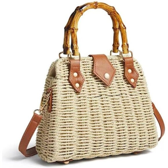 Handbags - Woven Straw Handbag with Bamboo Handle Leather Trim Crossbody Women's